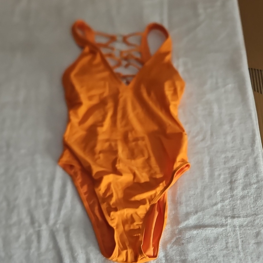 YMI Womens Orange Lace Up V-Neck One Piece Swimsuit Gold Ring Strappy Back L